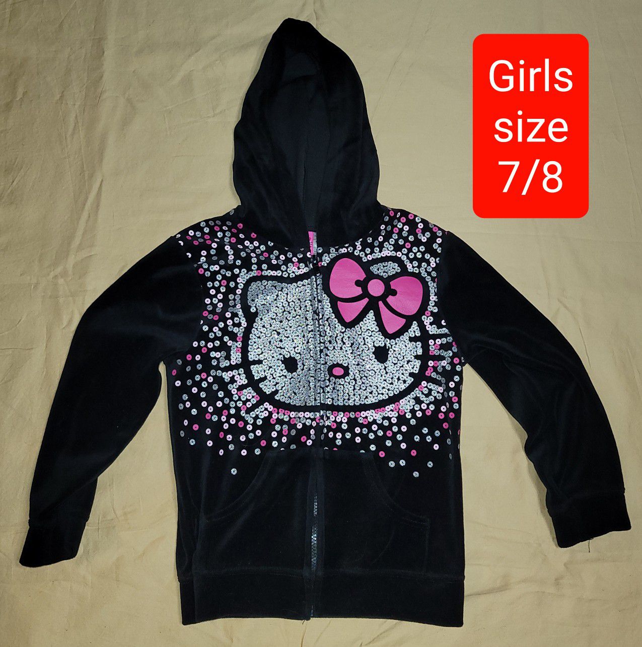 Girls size 7 / 8 clothes Black Hello Kitty Hooded Jacket (#579)