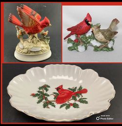 Cardinal Bird 3 Piece Lot: Music Box, Figurine, Trinket Dish