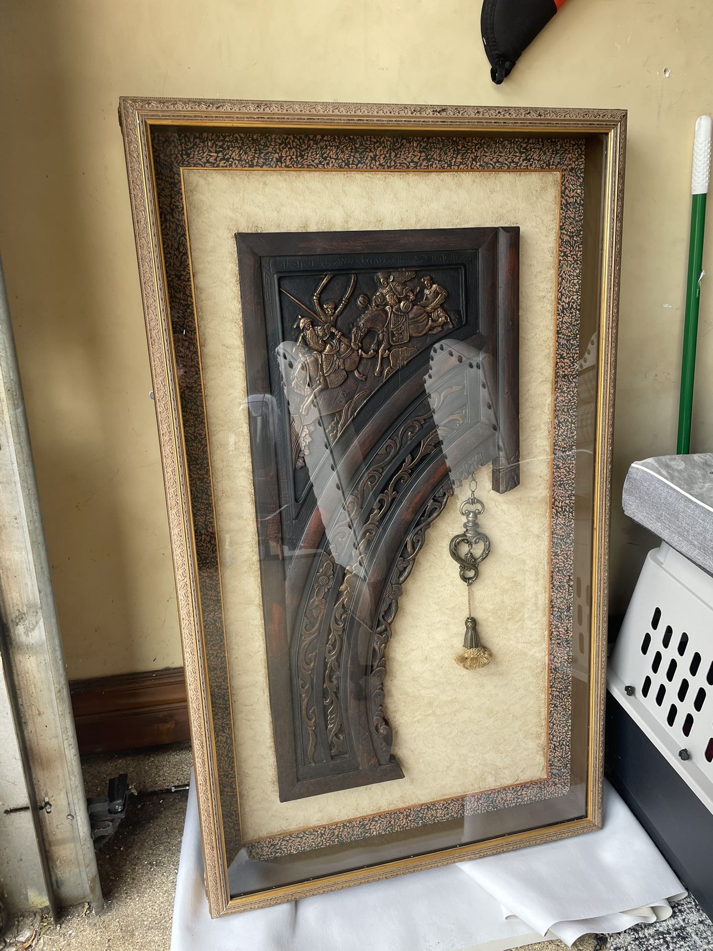 John Richards art piece 21 x 52 Chinese Temple Gate Fragment Antique brass w/silk tassels