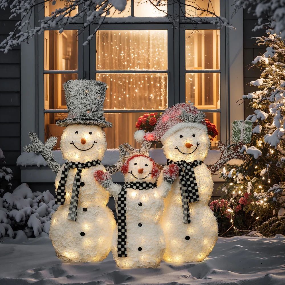 Holiday Frosted Snowman Decoration with Lights, Set of 3 ，HD2449