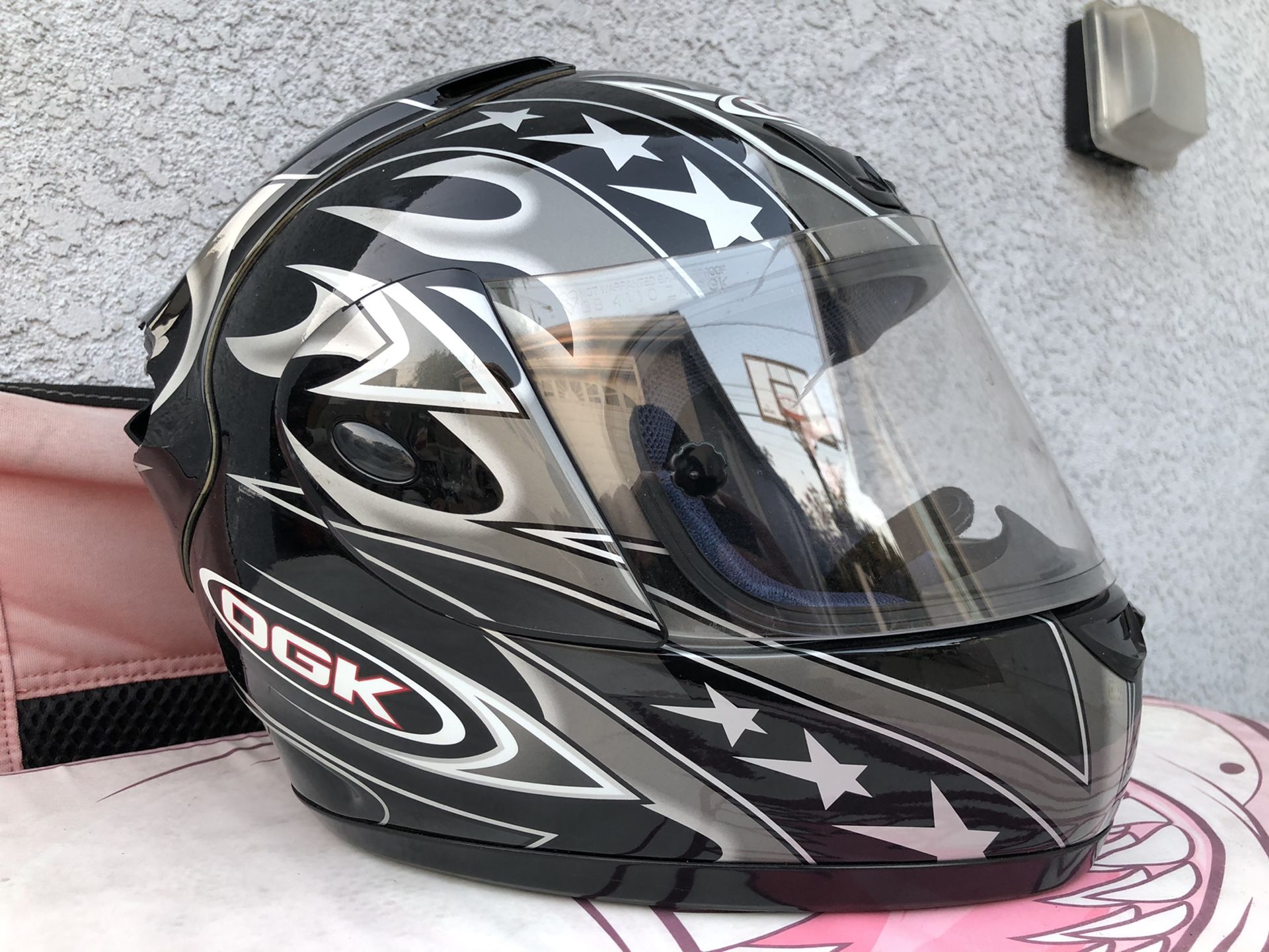 OGK ff3-gp motorcycle helmet black silver flames, Medium/Small, like new with box, bag