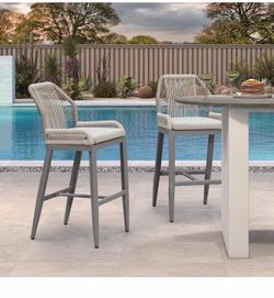 PURPLE LEAF Patio Bar Stool Counter Height Set of 2 Outdoor Rattan Chairs with Back Modern Aluminum Woven Barstools for Garden Indoor Kitchen Light Gr