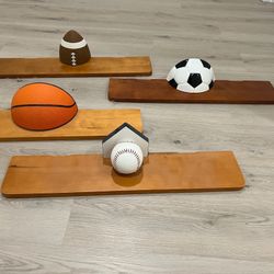 Set of 4 Sports Themed Shelves in Great Condition 6”d x 28 long Smoke and pet free household