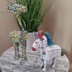 $43 Swazi Khutsala Handcrafted Colorful Beaded Wire African Giraffe and Unicorn. Beautiful Both $43
