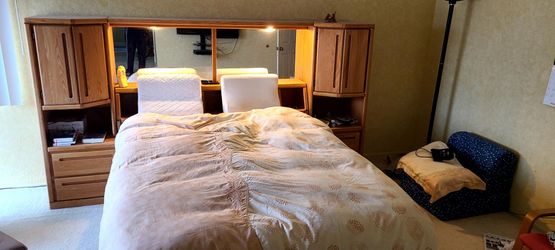Queen Headboard Lighted Wall Bed Unit with Armoured Nightstands