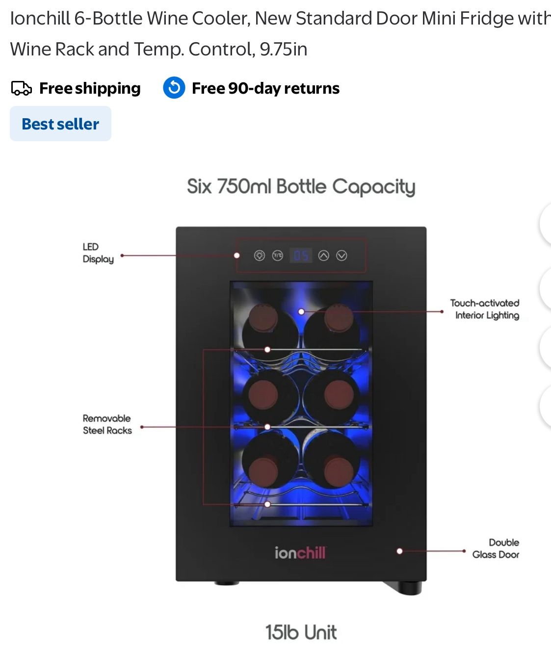 Ionchill 6-Bottle Wine Cooler, New Standard Door Mini Fridge with Wine Rack and Temp. Control, 9.75in