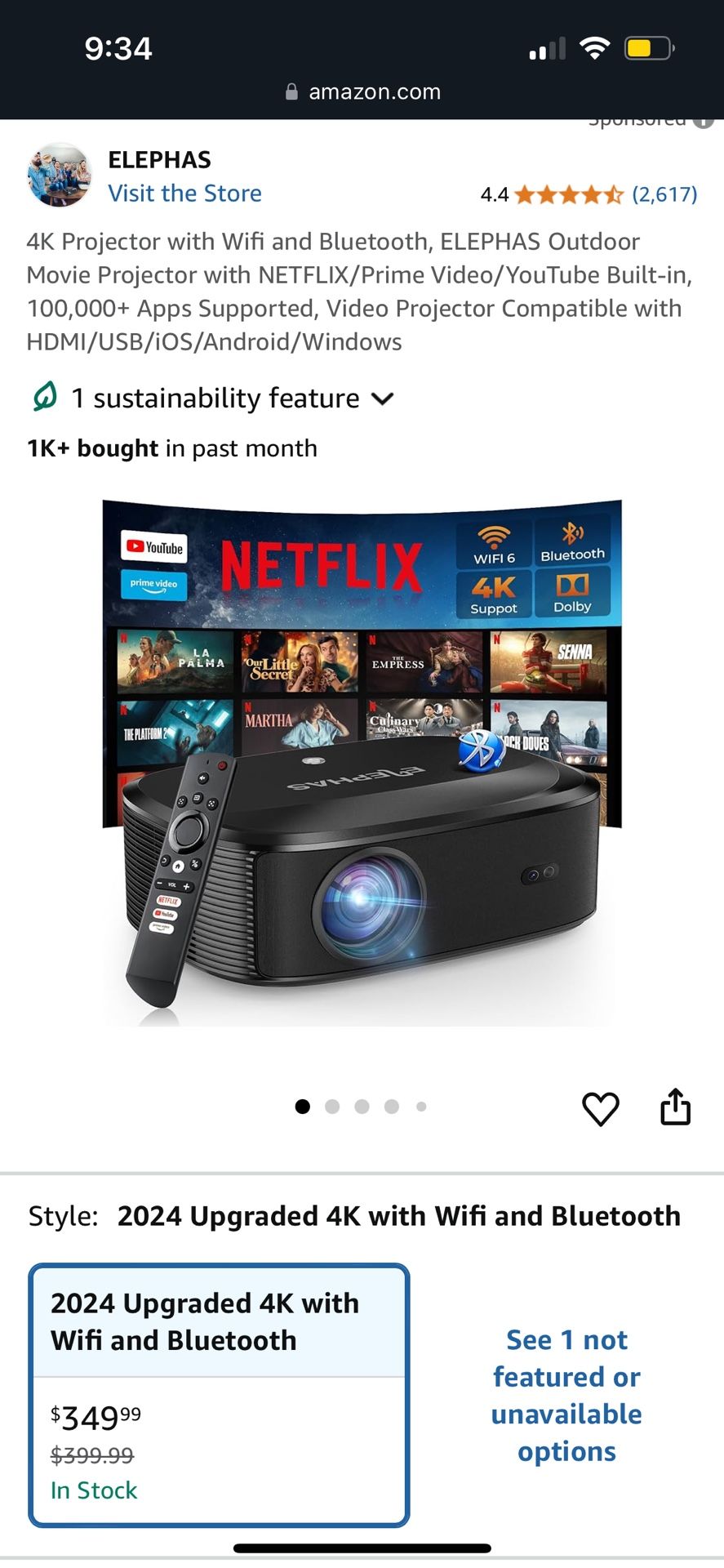 4K Projector with Wifi and Bluetooth, ELEPHAS Outdoor Movie Projector with NETFLIX/Prime Video/YouTube Built-in, 100,000+ Apps Supported