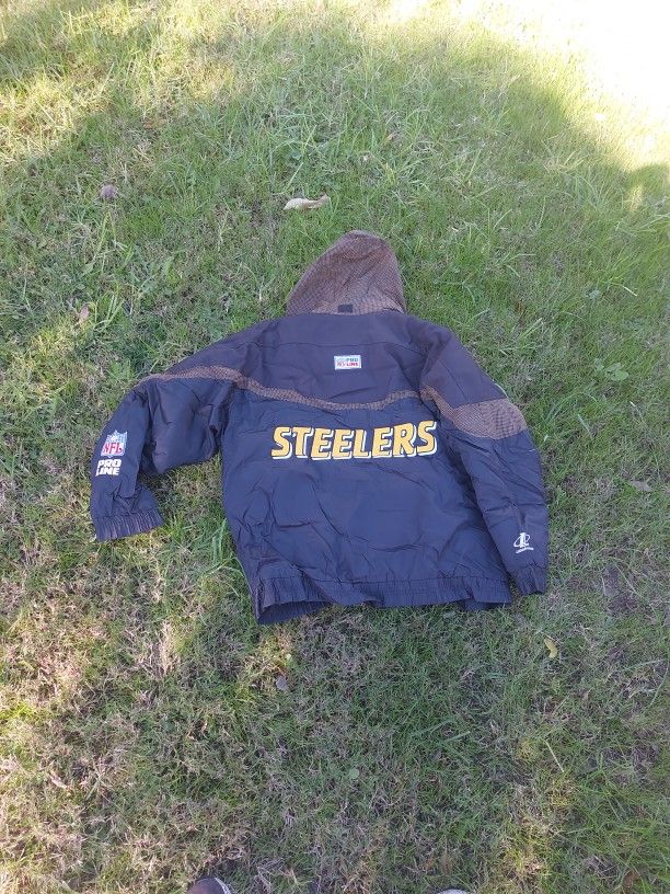 VTG EUC NFL Pittsburgh Steelers Pro Line Puffer Jacket Large Black Gold Hooded