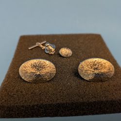 Vintage mens cufflinks & tie tack - white rhinestone starburst etched oval silver tone 