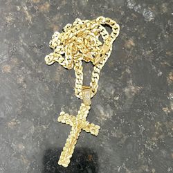 14k Gold And Silver Cuban Chain And Cross Nugget  Pendant 