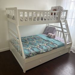 Wooden white half full/ half twin bunk bed set