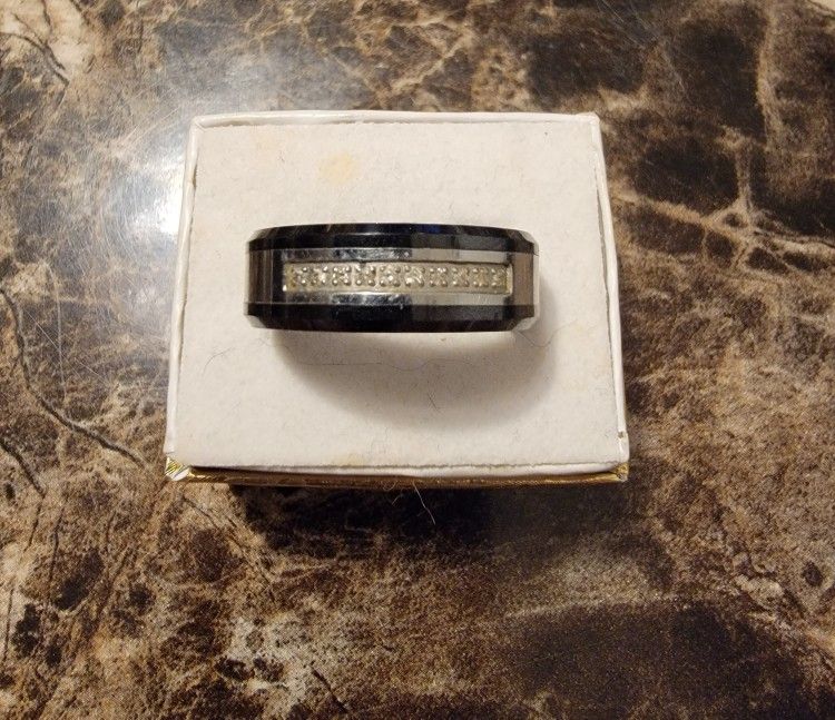 Stainless Steel Black Enamel Diamond Band