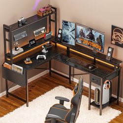 Black L-Shaped Gaming Desk with Hutch and LED Lighting