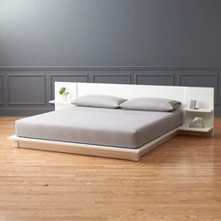 CB2 Andes White Hi-Gloss King Platform Bed w/ Built-In Nightstands - Retails $1,100+