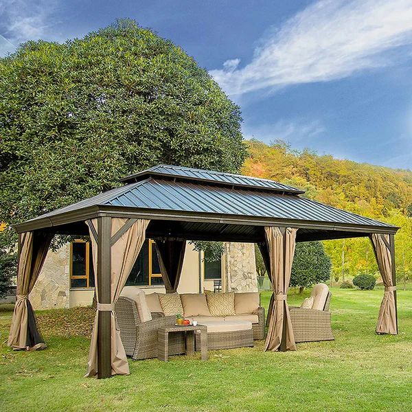 12' X 20' Hardtop Gazebo Upgraded Metal Gazebo with Drainage System Dual Layer Galvanized Steel Roof Curtain and Netting Outdoor Shelter Canopy fo