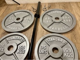 Olympic Set: NEW 6 ft Barbell is cooper bearings & Gray CAP Cast Iron Weight Plates  from 5s to 45s  Pounds In NEW Condition, [Total: 282 lbs]