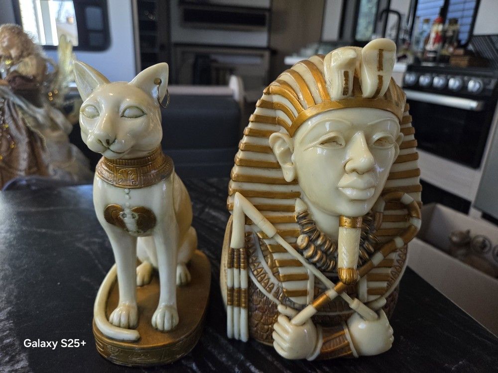 Vintage Pair of Egyptian Figural Busts - King Tutankhamun & Gubastis Cat Statues