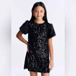 New Lil Girls Black Sequin Dress with Faux Fur Sleeves