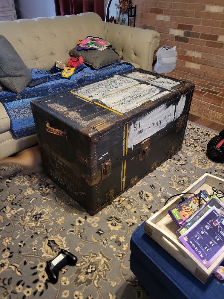 Antique War Chest Authentic Foot Locker Steamer Trunk US Army WWII Colonel World War II Military Coffee Table Collectible Coffee Table
