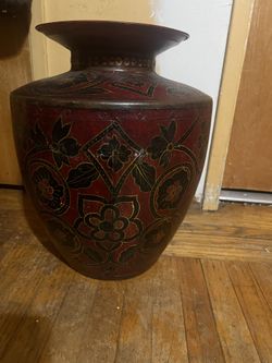 Kashmiri Indo-Raj Red Hand-Painted Metal Jar Vessel