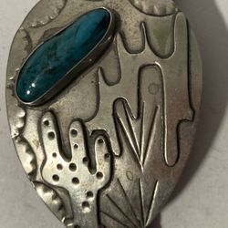 Vintage Bolo Tie Nickel Silver And Turquoise And Cactus Design 