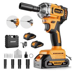 Brushless Impact Wrench 3-in-1 500N.m(369Ft-lbs) Torque Wrench 1/2 Drive with 2x2.0Ah Batteries, 8 Drill Bits, 6 Screwdriver Bits, 4 Sockets, Cordless