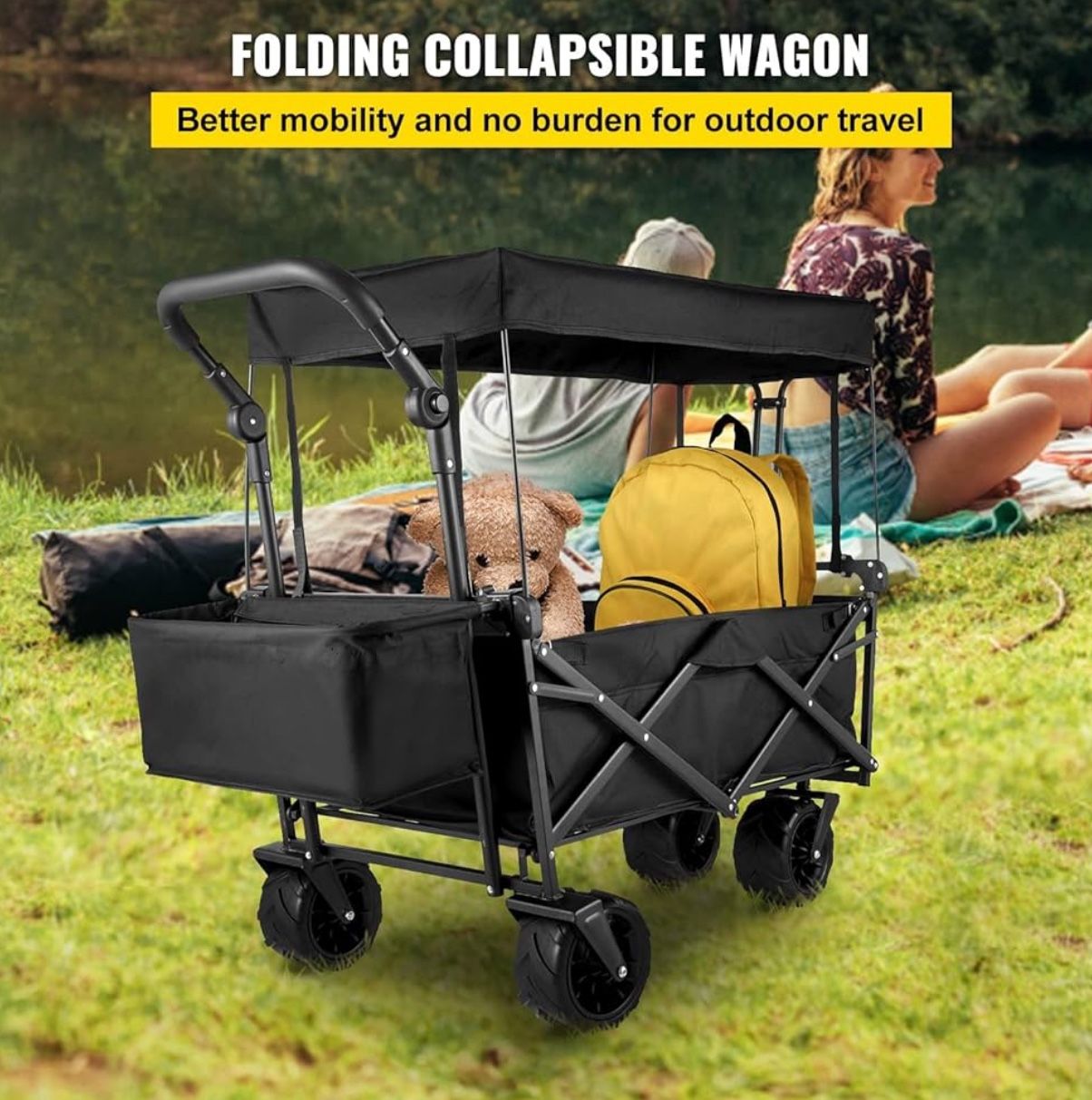 Collapsible Wagon with Canopy, 220lbs Foldable Wagon Stroller for Kids, Beach Wagon Cart with Big Wheels and Canopy with Adjustable Push Pulling Handl