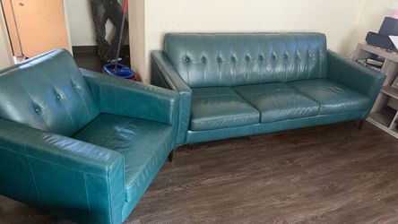 Teal Leather Sofa and Loveseat Set
