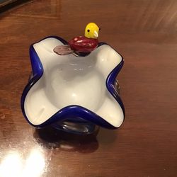 Beautiful Cobalt Blue. And White Hand Blown & Shaped With Bird On It Bowl