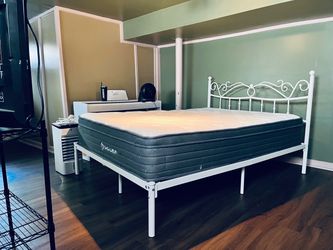 White Metal Bed Frame with Decorative Headboard