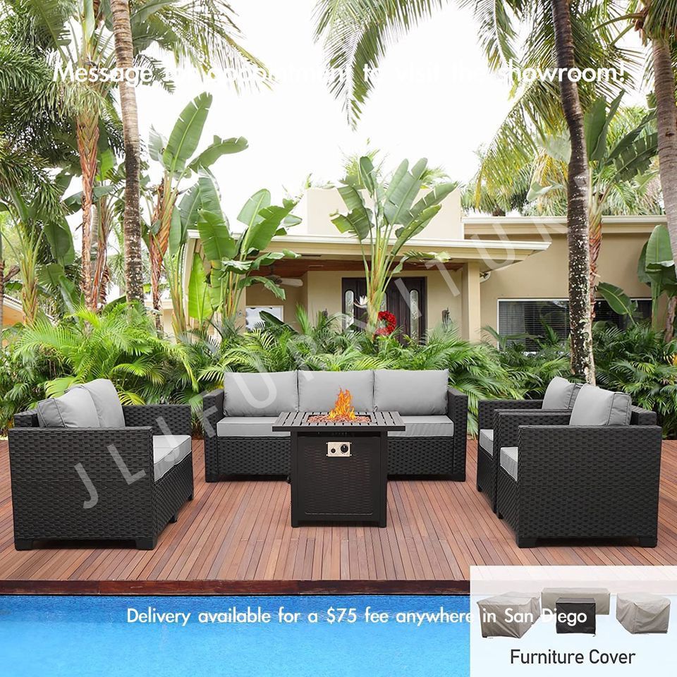 NEW🔥Outdoor Patio Furniture Black Wicker 4" Grey Non Slip Cushions Conversation set with Firepit