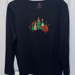 Mercer Street Studio black long-sleeve tee featuring an embellished Christmas trees design. The Christmas trees applique has red 