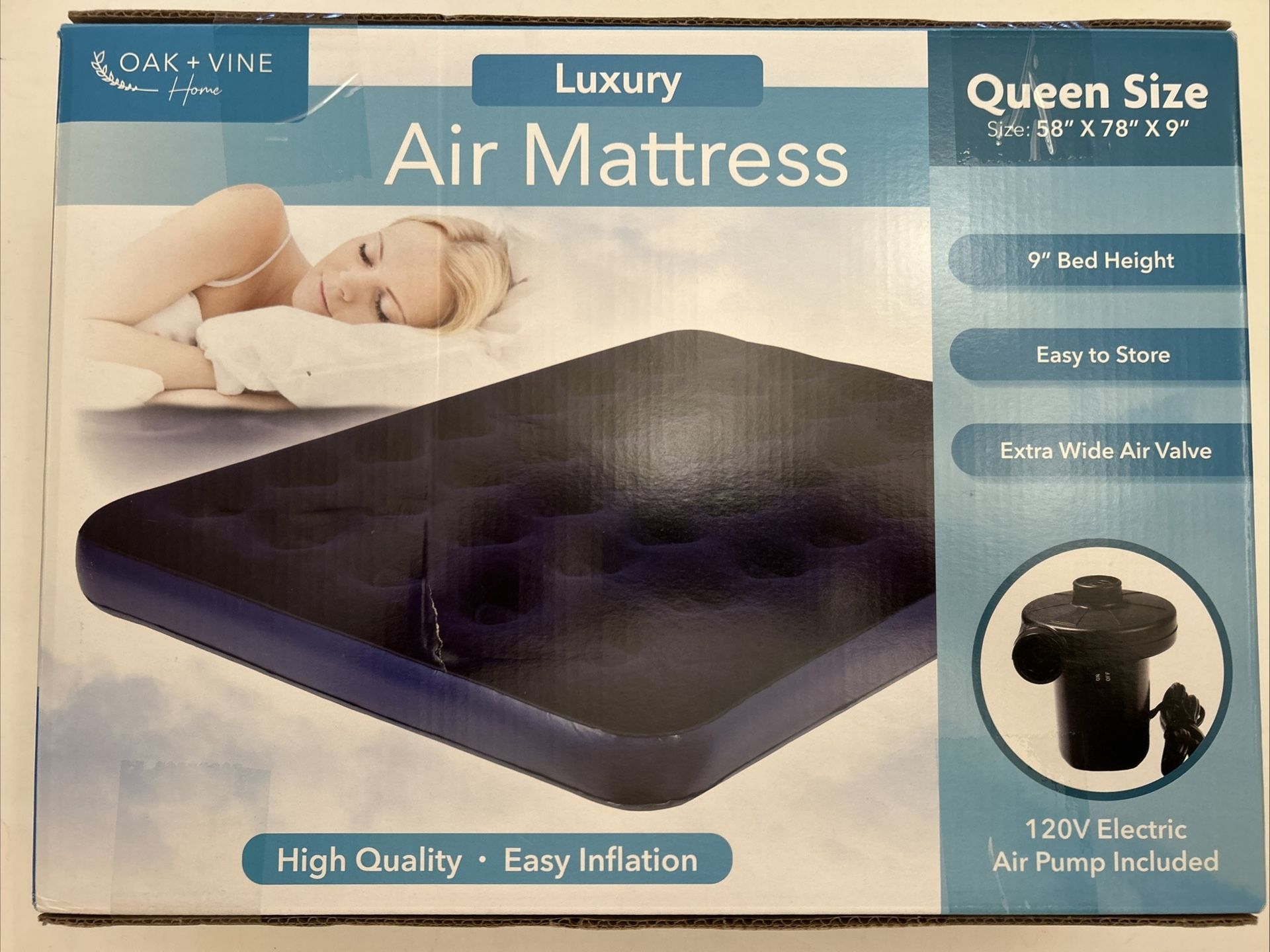 Oak + Vine Home Luxury Queen Air Mattress with Electric Air Pump New in Box