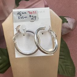 Hoop Earrings In Real Sterling Silver, 3.25 mm X 25 mm