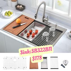 33 Inch Topmount Kitchen Sink Stainless Steel 16 Gauge R10 Tight Radius Single Bowl Sink Ledge Workstation Sink, SB322BN