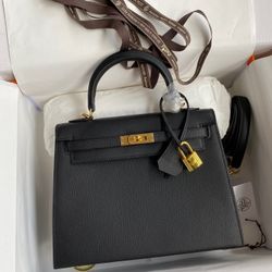 Black Kelly 25cm Leather Handbag