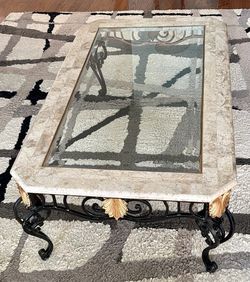 Rectangle Coffee Table-Marbleized Stone Border and Beveled Center Glass Insert. Wrought Iron-Vintage!