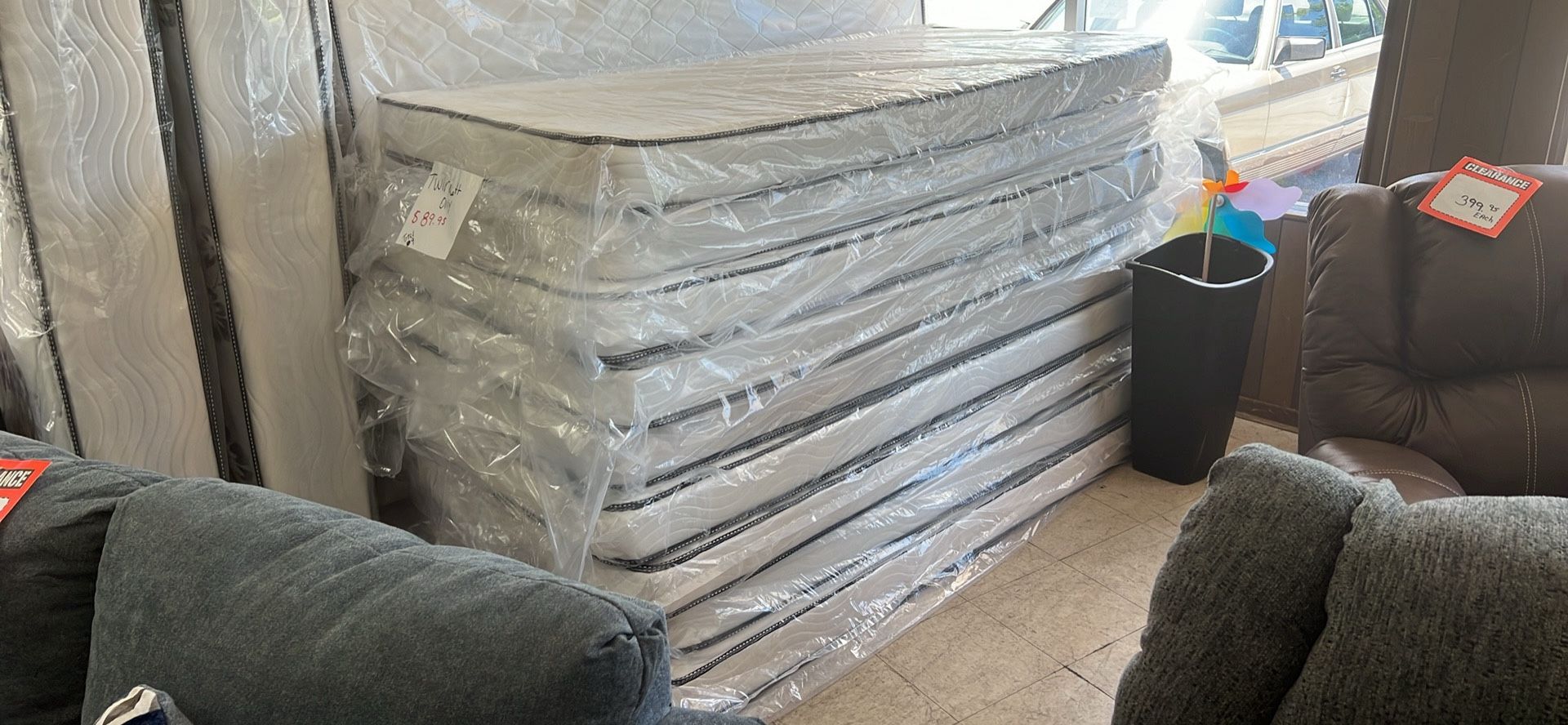 Twin mattresses $89 each full mattresses $129. Each queen mattress is $150 each king mattresses $300 each.