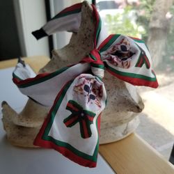 Fashion Trendy Red Green Stripe Headband Bow with Kitten Graphic image