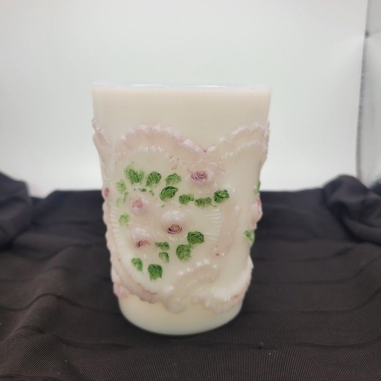 Antique Victorian Era Milk Glass White Opaline Rose Juice Glass Cold Painted 4"