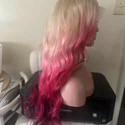 Ash Blonde & pink/ burgundy Lace Wig Human Hair 28”
