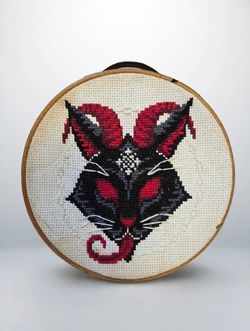 Handmade Demon Cat Cross Stitch Hoop - Black Cat with Bat Wings Embroidery Wall Art 6 Inch