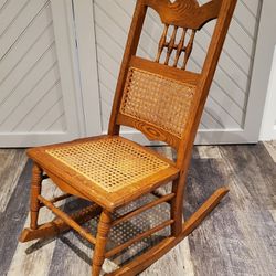 VINTAGE WOODEN ROCKING CHAIR,  ORIGINAL WICKER/CANE  BACK AND SEAT, VERY SOLID, EUC, 37 X 37 X 17,