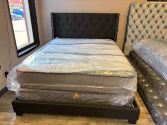 š„ Black & Gray Tufted Wingback Upholstered Bed King, Queen, Full & Twin bed Frame with Nailhead Trim ⢠Opt Mattress + Box Spring | PAY AFTER DELIVERY