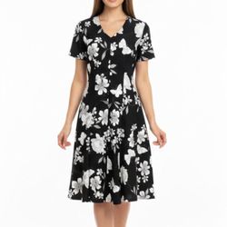 ELLE Black & White Floral Butterfly Fit & Flare Dress - Size S