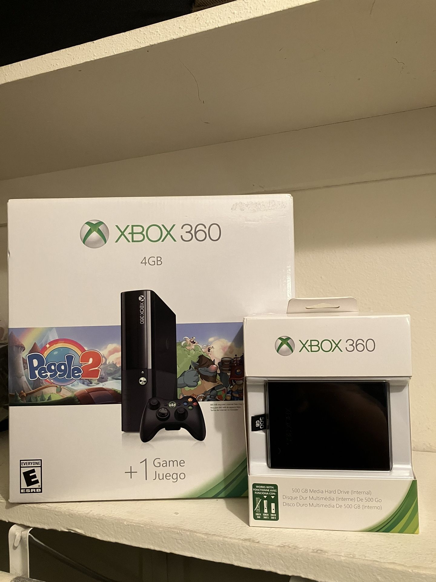 New Sealed In Box Xbox 360 E Console + New Official 500GB Hard Drive Sealed’