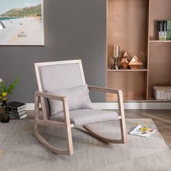 Solid Wood Linen Fabric Antique White wash Painting Rocking Chair with Removable Lumbar Pillow, Grey