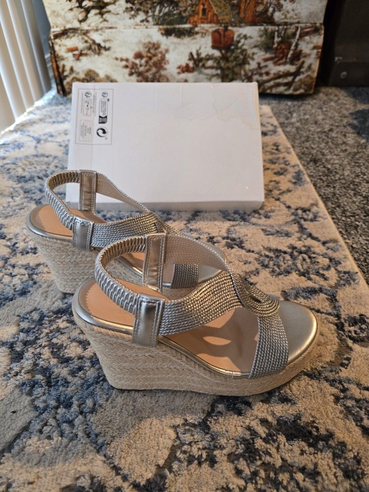 Silver Platform Sandals Wedge Open Toe Ankle Strap Lace Wedding Shoes Size 5