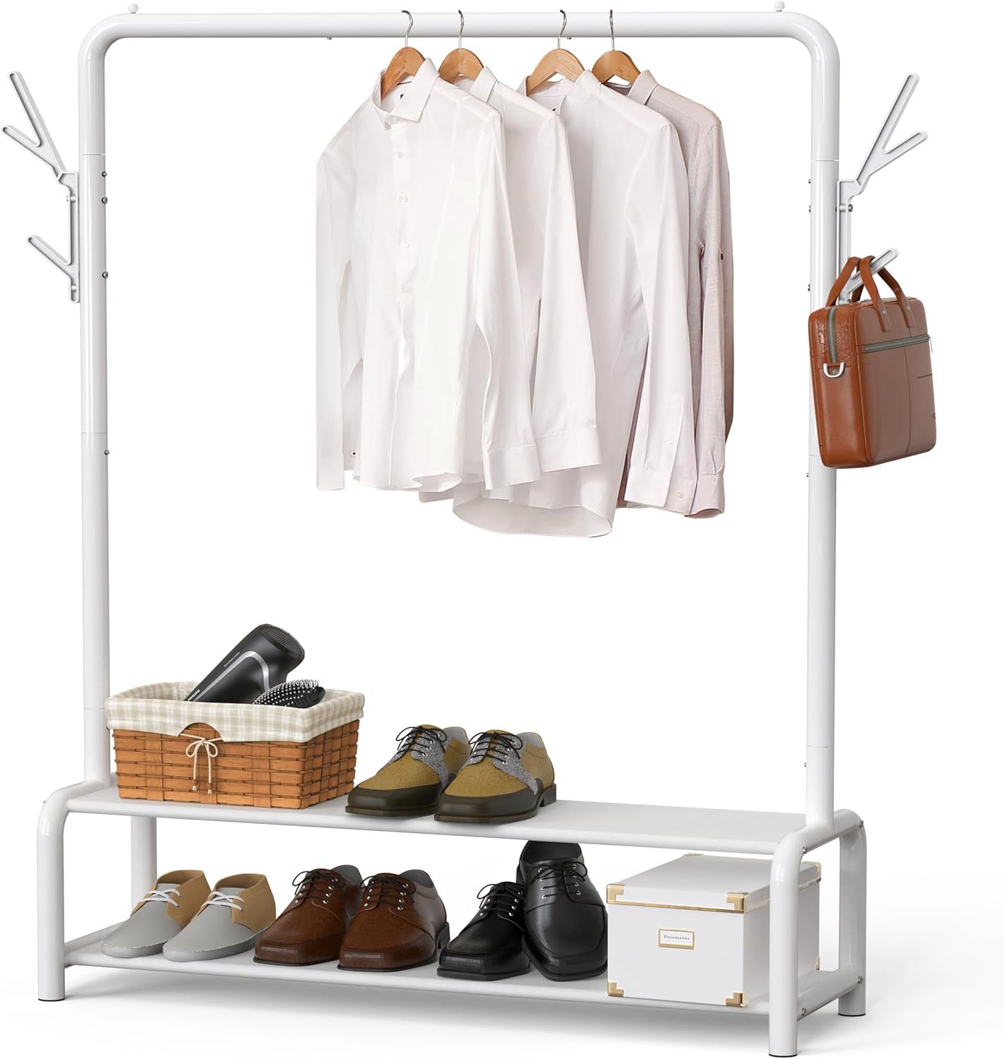SIMPLE HOUSEWARE 52-Inch White Garment Clothes Rack w/ Storage Shelves and Coat/Hat Hooks (NEW)