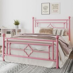 Queen Size Metal Platform Bed Frame with Vintage Cross Pattern Headboard&Footboard, Pink